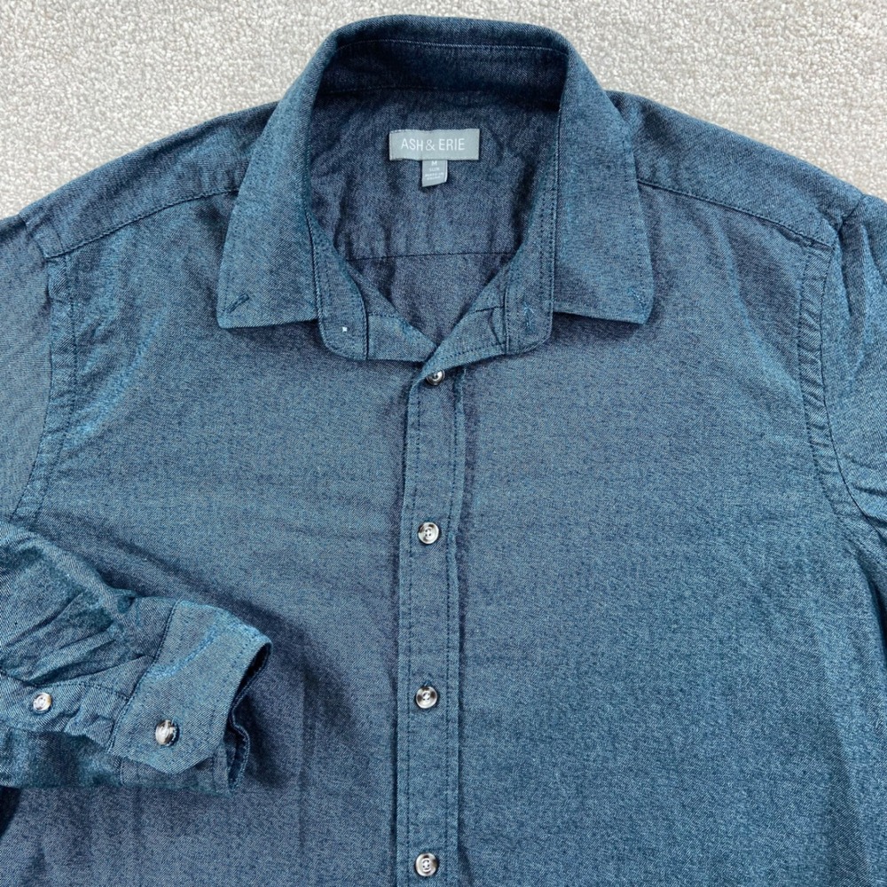 Ash & Erie Flannel Shirt Mens Medium Slim Blue Long Sleeve Cotton Button Down